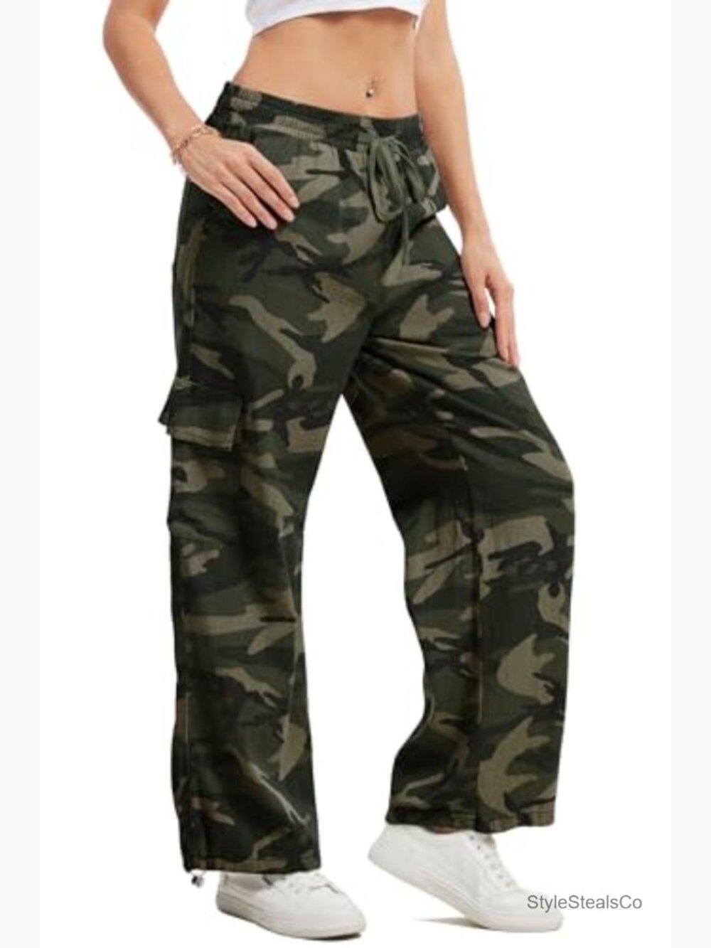 Womens Baggy Cargo Pants Y2K Drawstring Parachute Pants Elastic Waisted Wide - Picture 4 of 6